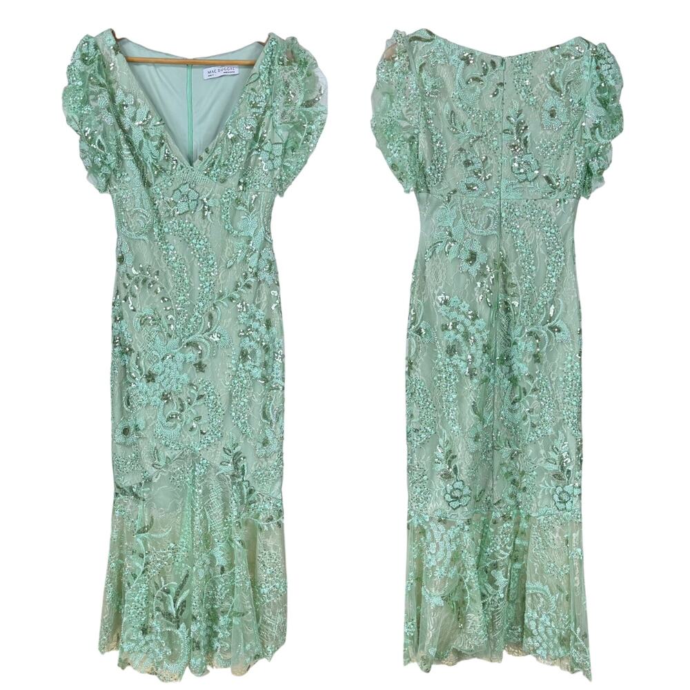 Mac Duggal NWT Green Puff Sleeve V Neck Floral Embellished Midi Dress Size 2 - Picture 3 of 9